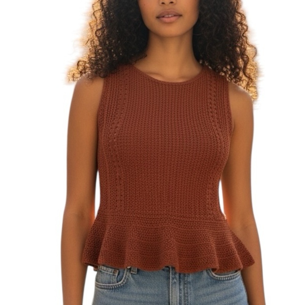 LOFT Tank Top Sleeveless Open Knit Terracotta Orange Textured Peplum Hem